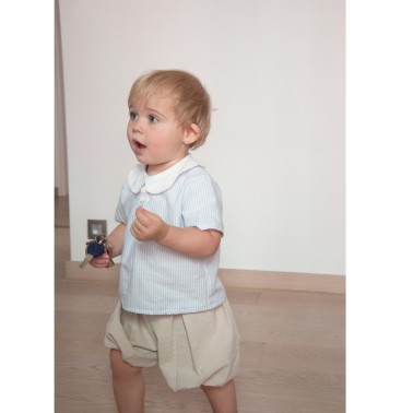 Organic cotton linen-effect Bermuda shorts for baby boys with engraved wooden buttons