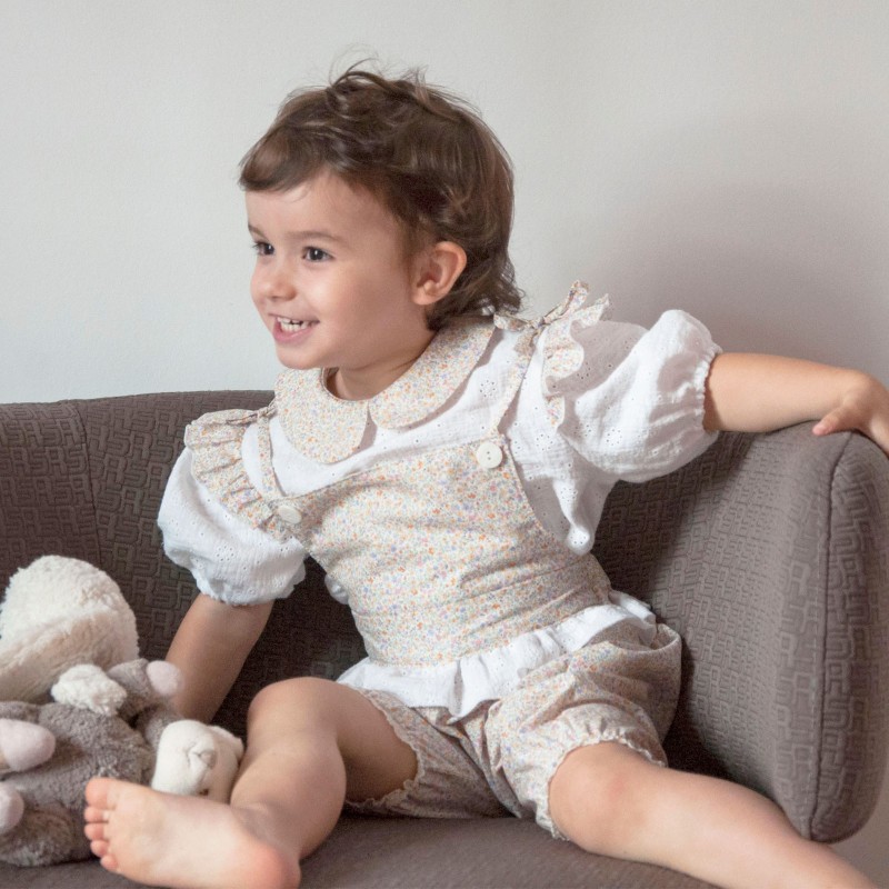 Baby girl dungarees with Liberty motif, straps to tie and lace at the knees - organic cotton