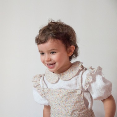 Embroidered gauze top for baby girl with balloon sleeves and liberty claudine collar