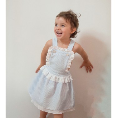 Robe bébé fille à bretelles réglables en coton bio rayée bleu ciel et blanc avec volant broderie et gros nœud en gaze brodée